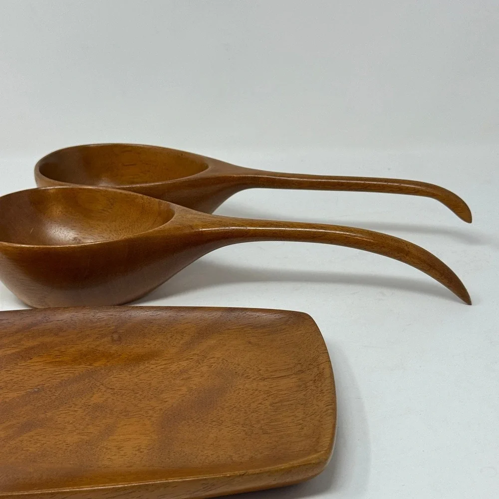 Vintage Hand Carved Haiti Mahogany Wood Serving Set Tray & 2 Scoops MCM Artisian